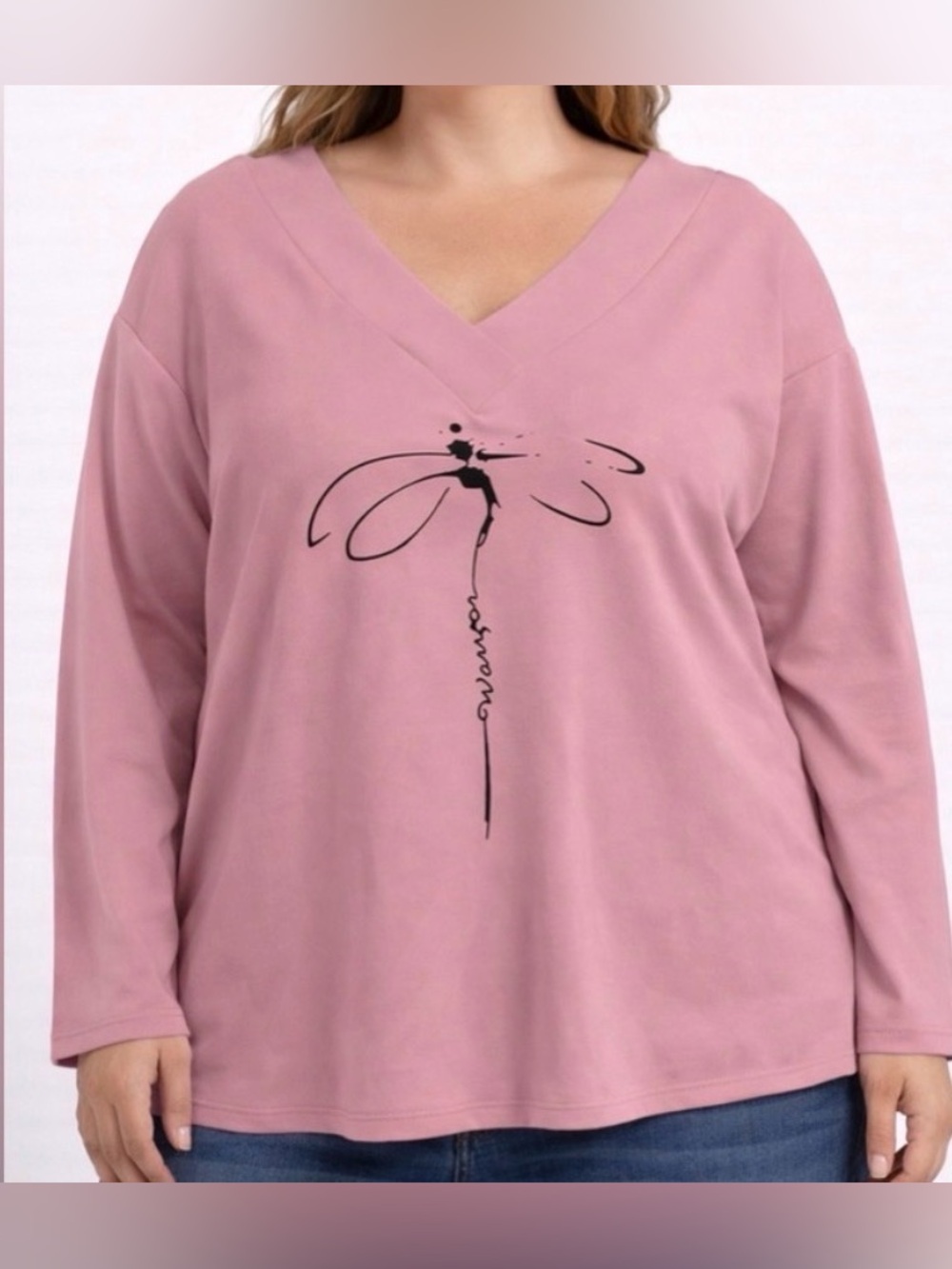 COZY Pink V-Neck Dragonfly Graphic Top women’s XL NWT (A432)✨